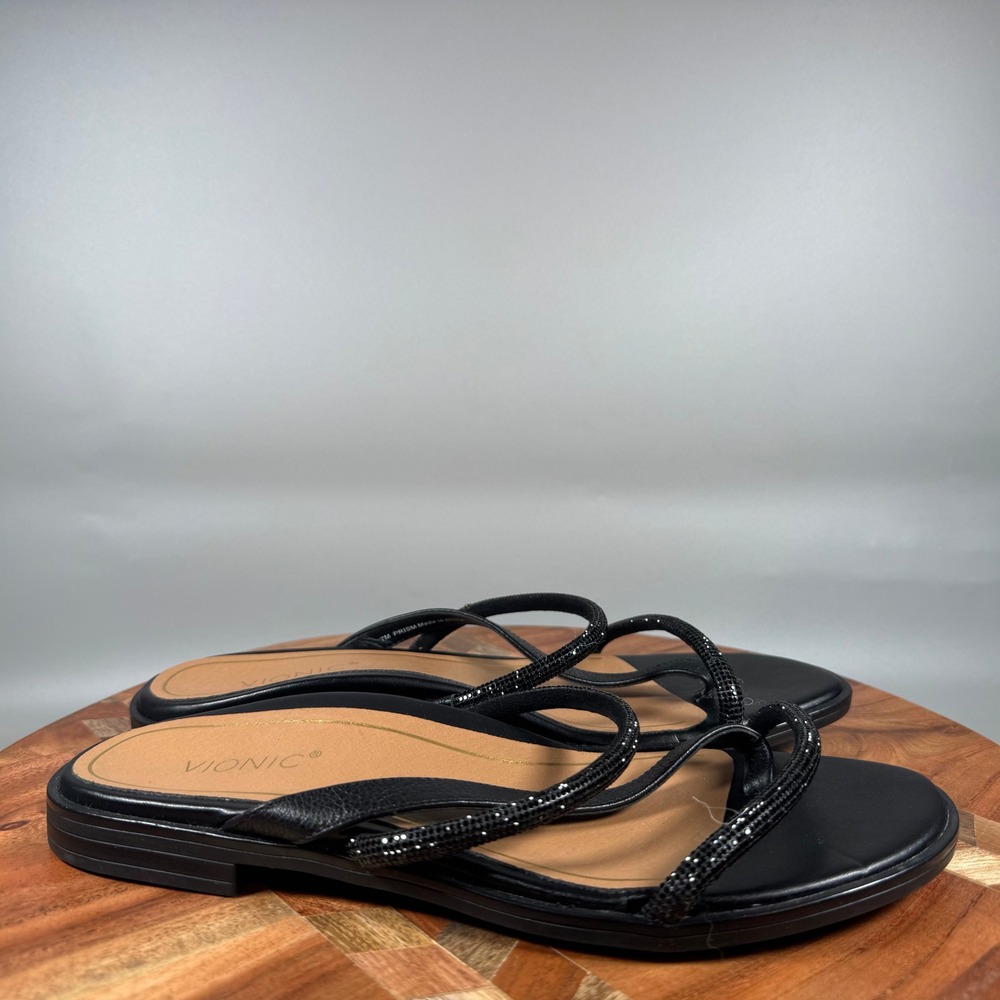Vionic Prism Black Leather Rhinestone Strappy Flat Sandals Womens 7M